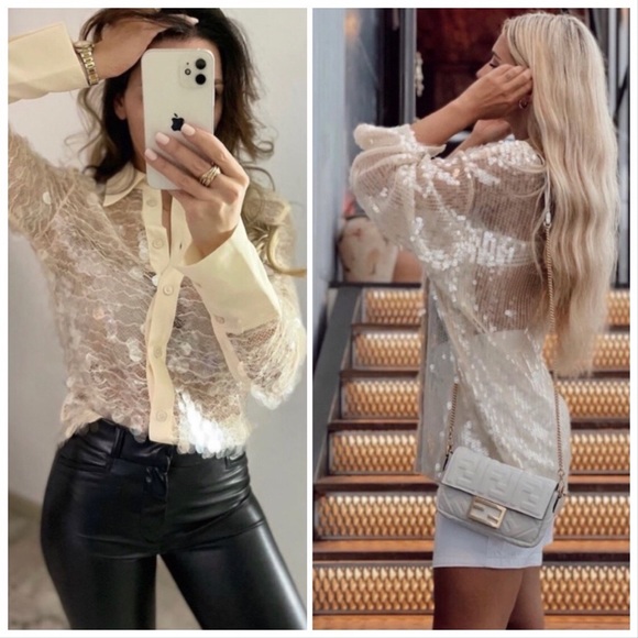 NWT ZARA beige SEMI-SHEER SEQUIN TOP - Picture 2 of 15